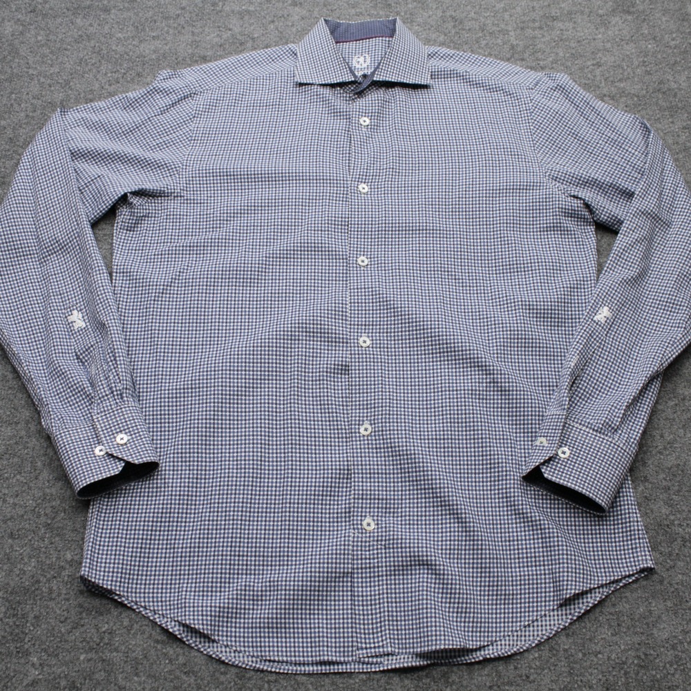 Bugatchi Uomo Mens 15.5 34/35 Blue White Micro Check Button‎ Down Shirt